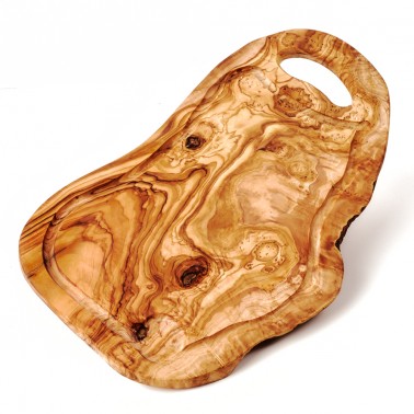 Servierbrett aus Olivenholz in Naturform mit Henkel und Saftrille