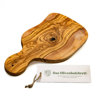Schneidebrett aus Olivenholz mit Griff, geschwungener Rand