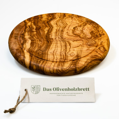 Schneidebrett aus Olivenholz rund mit Saftrille